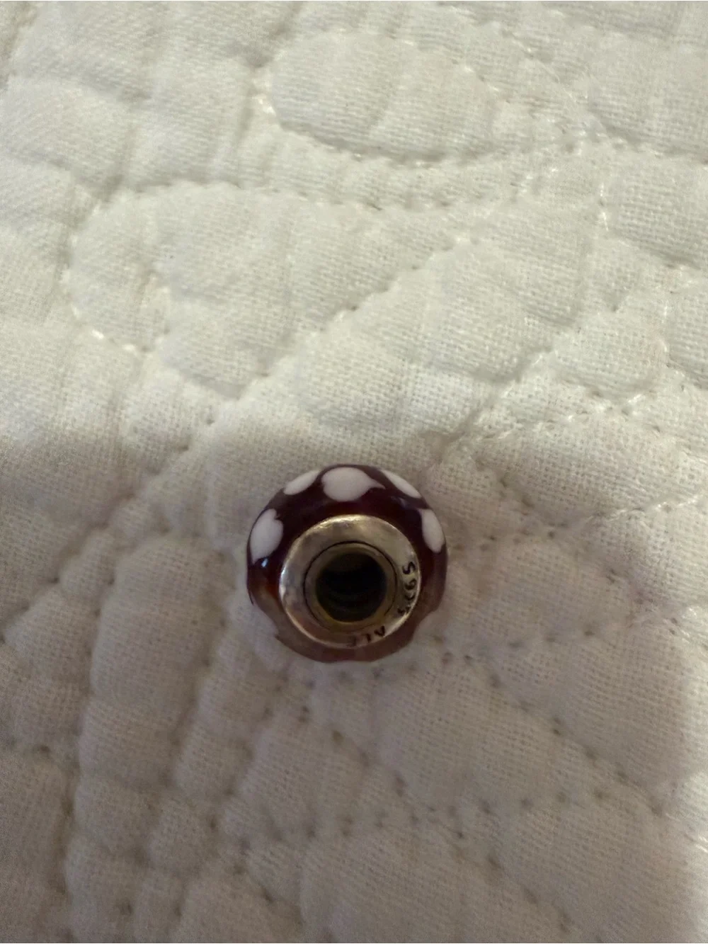 Pandora red Murano glass with white hearts Bead